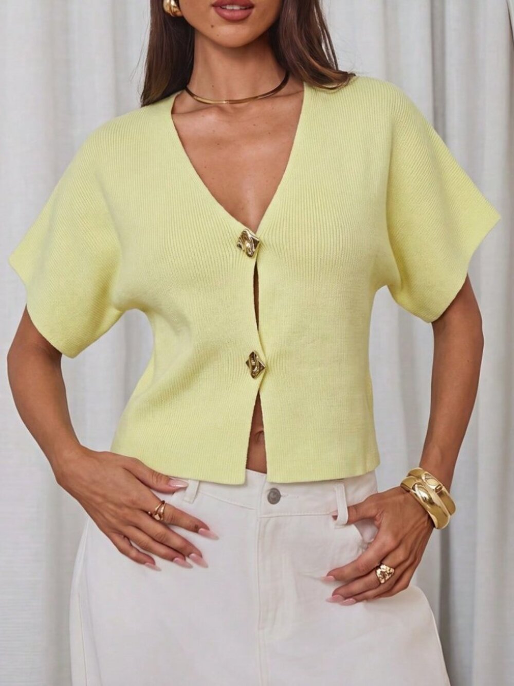 Pale Yellow Knit Cardigan with Sculptural Gold Buttons